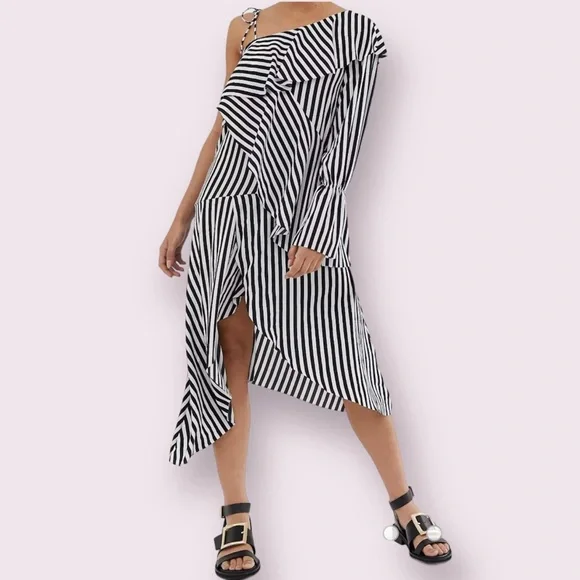 black and white striped asymmetrical dress SHEIN Graceveil Women's Ditsy Floral Asymmetric Collar Tie Waist Desig |  Dress